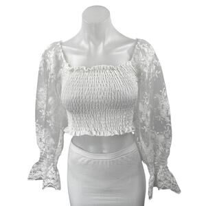 NEW Bellavie Women's White Floral Balloon Long Sleeve Smocked Crop Blouse Top S